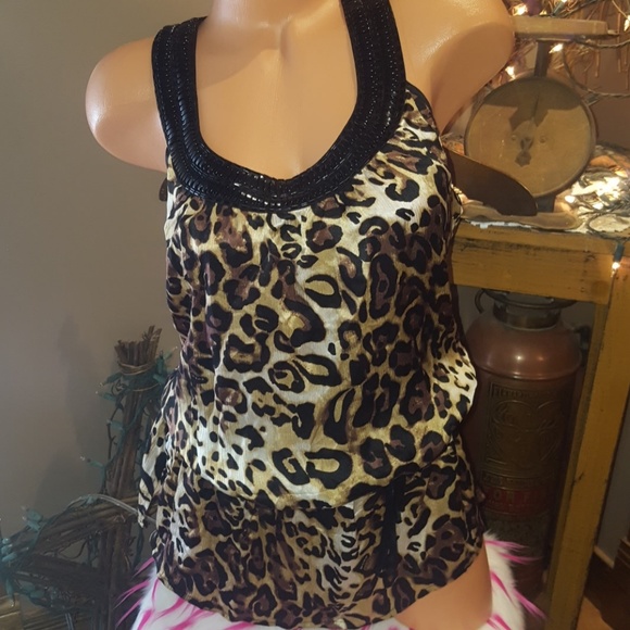 bebe Tops - Bebe logo animal print T back beaded top S